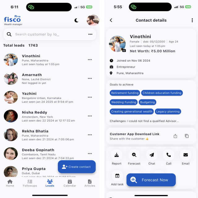 leads screen in fisco pro advisor app 